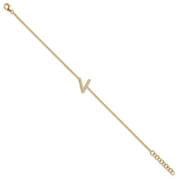 14k Yellow Gold Diamond Sideways Letter V w/ 1in ext. Bracelet